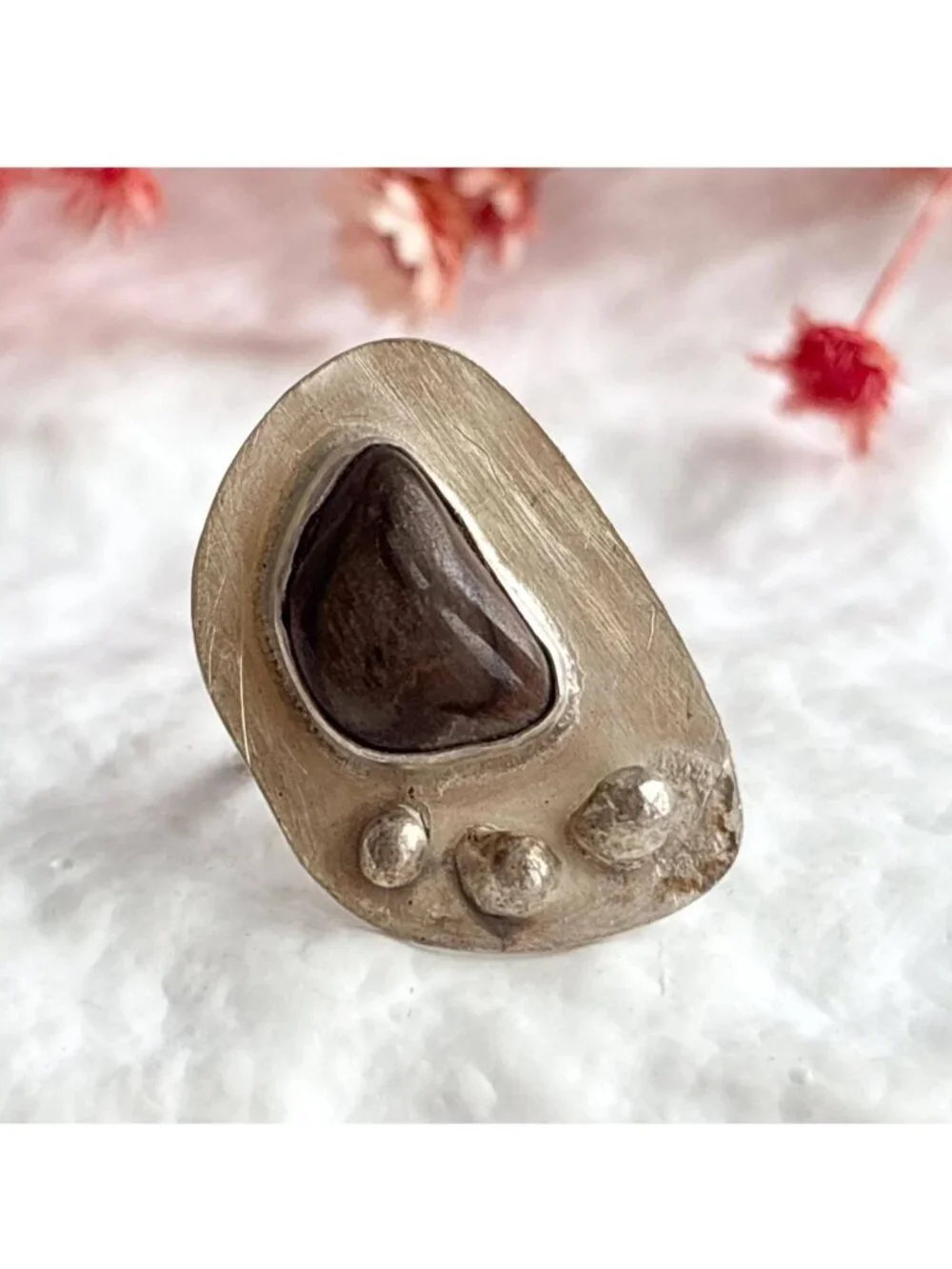 Modernist Freeform Brown Stone Beaded Sterling Silver 925 Vintage Ring - sz 5.25